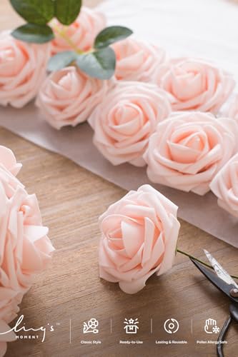 Ling's moment Artificial Roses, Blush, 3 Inch 25 Pcs | Foam Material, With Stems, DIY Floral, Wedding Bouquet/Centerpieces, Party/Room/Garden Decor - color: Pk- Blush, size: 25Pcs