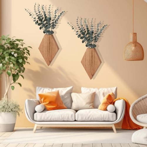 Chunful 2 Pcs Wooden Wall Planter Decor Hanging Fake Plants Greenery Flowers Holder Vase Boxes for Wall Bohemian Farmhouse Room Kitchen Office Indoor Decoration (Wooden Color,9.8 x 6.6 x 1.2 Inches) - color: Wooden Color, size: 9.8 x 6.6 x 1.2 inches