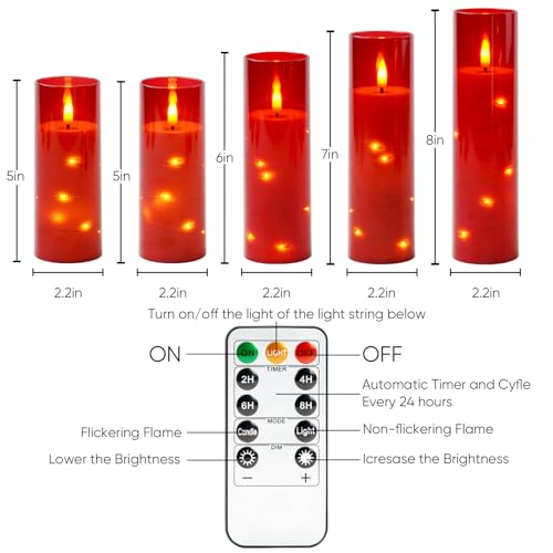 Homemory Acrylic Flameless Candles with Embedded Star String Fairy Lights, Battery Operated, LED Candles, Fake Candles with Remote Control and Timer, Red, Set of 5 - color: Red-5pcs, size: 5pcs, D2.2"x H5"5"6"7"8"