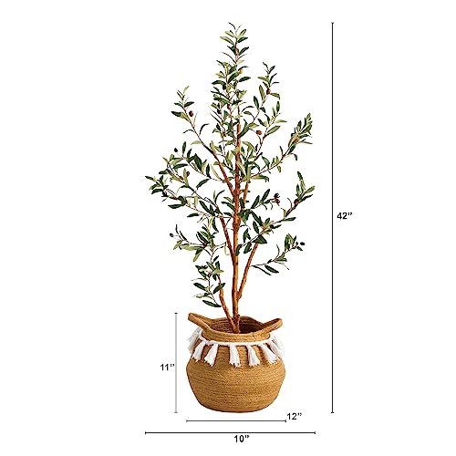 Nearly Natural 3.5ft. Artificial Olive Tree with Handmade Jute & Cotton Basket with Tassels