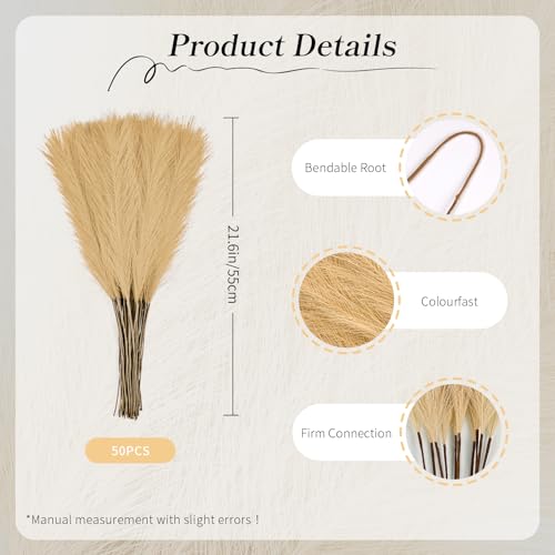 50pcs Beige Yellow Pampas Grass 21.6 Inch Non-Shedding Faux Pampas for Warm Neutral Home, Boho Weddings and Golden Tone Vase Arrangements - color: Beige Yellow