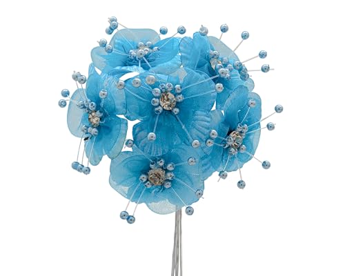72PC Artificial Organza Flower Rhinestone Pick for Home Craft Decor DIY Wedding Bridal Veil Headband Dress Cake Topper Embellishment Scrapbook Favor Corsage Floral Bouquet Arrangement (Turquoise) - color: Turquoise
