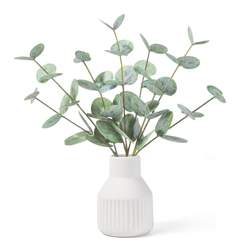 FIACO Artificial Eucalyptus Stems in Ceramic Vase, 14" Fake Plants for Home Decor, Coffee Table Centerpiece Bathroom Shelf Dining Table Farmhouse Faux Greenery Plants Indoor Decorations - color: Green Eucalyptus - White Striped Ceramic Vase