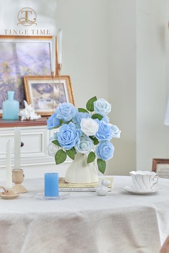 TINGE TIME Rose Artificial Flowers Combo, 23pcs Light Blue Gradient Fake Flowers with Stems for DIY Wedding Bouquets Table Centerpieces Baby Shower Home Party Floral Arrangements Decorations - color: Bluenew