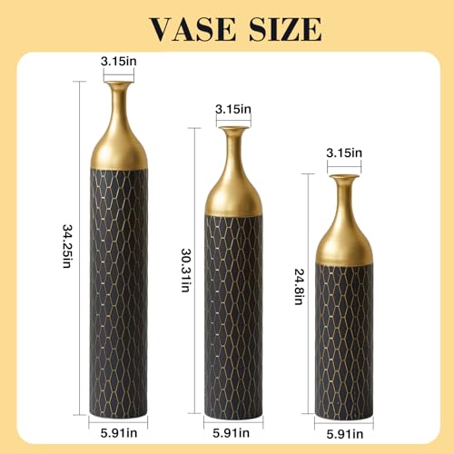 Tall Floor Vases Set of 3 for Decor Living Room Floor, Black and Gold Vases Home Decor, Embossed Body Pattern, 34.25" H/30.31" H/24.8" H Geometric Cylinder (Gold 8) - color: Gold 8