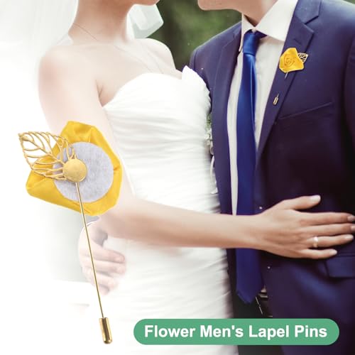 M METERXITY 1-Pack Flower Lapel Pins for Men, Golden Leaf Rose Boutonnieres Pin Groom Boutonnieres for Wedding/Dance/Party, Men Lapel Pins for Suits Satin Flower Corsage [Yellow] - color: Yellow