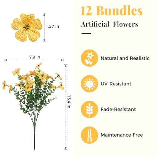 Yellow Fall Artificial Flowers for Outdoors Decorations, 12 Bundles Faux Fall Mums Flowers, UV Resistant Realistic Silk Daisy with Eucalyptus for Home Decor Garden Planters Patio Yard Balcony - color: Yellow&12 Bundles