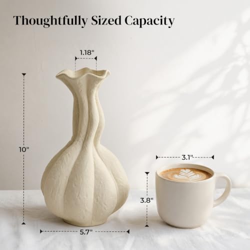 DOWAN Ceramic Flower Vase, 10" Decorative Pampas Vase for Home Decor, Modern Farmhouse Pottery Vase for Living Room Table Kitchen Bedroom Coffee Desk Entryway Mantel Book Shelf, Soft White - color: Soft White, size: 10 INCH