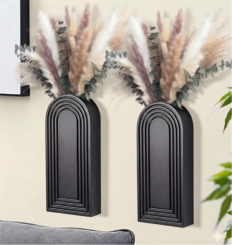 Modern Wall Vase Set of 2 - Black Boho Wood Wall Decor for Living Room, Dining Room & Entryway - Large Farmhouse Wall Mounted Flower Vases - Minimalist Art Wall Decor for Bathroom, Kitchen & Bedroom - style: C