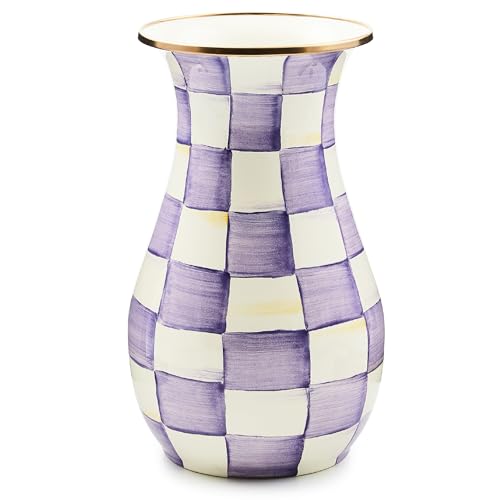 MACKENZIE-CHILDS Enamel Vase, Unique Flower-Vase Decor for Living Room, Tall, Purple-and-White Violet Check - color: Violet Check