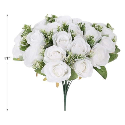 White Cemetery Flowers - 18 Silk Rose for Grave Decorations-Outdoor Memorial Grave Flowers for Cemetery - color: White