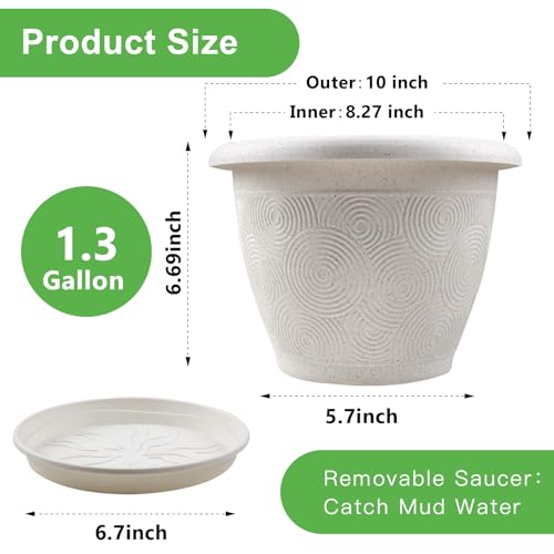 Plastic Flower Pots Planters For Indoor Plants, 3 Pack 10 Inch White Plant Pots With Drainage Hole & Tray, Modern Decorative Large Plant Pot With Saucer For Indoor Outdoor Plants Garden House Planter - color: White, size: 10 inch-3 pack