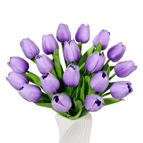 Beferr 18pcs Tulips Artificial Flowers Faux Tulip Real Touch Tulip Fake Flowers Bouquets Arrangements for Mothers Day Spring Easter Wedding Home Table Decor - color: M-18pcs-1colors-lavender, size: 18PCS
