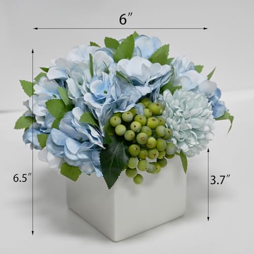 LADADA Fake Flowers in Ceramic Vase,Faux Hydrangea Flower Arrangements for Home Decor Artificial Flowers with Vase - color: Blue Hydrangea
