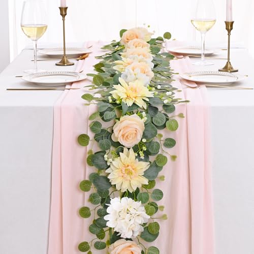 Yastouay 6 Ft Flower Garland with Lights, Champagne Rose Floral Garland Fake Flowers for Wedding Arch Party Tables Backdrop Decor - color: Champagne With Lights, size: 1 Pack