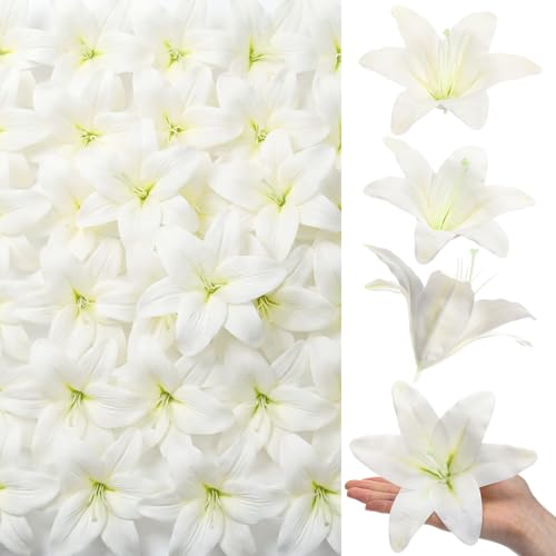 Suncalla 30 Pack Large Artificial Lilies Flower Heads with Realistic Stamens 5.9" Faux Fake Lily Flower Heads Bulk for DIY Crafts Cake Wedding Bridal Wreaths Table Home Party Decor (White) - color: White