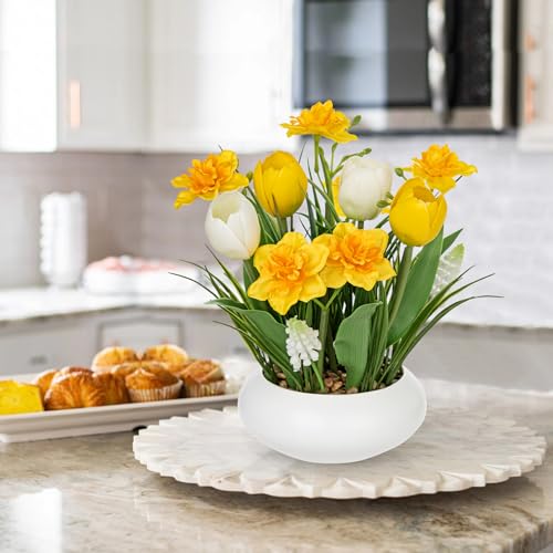 Hollyone Tulips Artificial Flowers with Daffodil Bulbs in Vase Fake Tulips Silk Flowers Arrangements with Ceramic Pot Daffodil Tulip Bulbs Floral Bouquet for Home Decor Table Centerpiece White Yellow - color: Large - Yellow