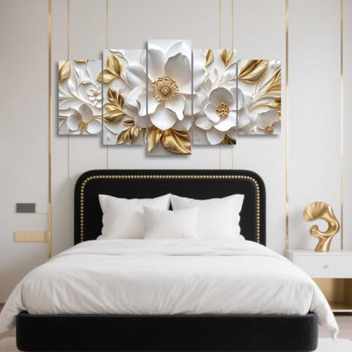 ZSHARTSWD 5 Panels White and Gold Flower Canvas Wall Art Abstract Floral Pictures Modern Blooming Flowers Prints Paintings for Living Room Hotel Decor Framed (8x14inx2 8x18inx2 8x22inx1) - size: 8x14inx2 8x18inx2 8x22inx1
