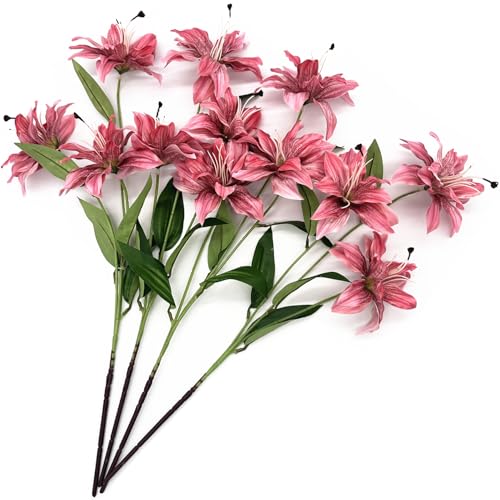 Artificial Lily Flowers, Vintage Silk Flower Long Stems Stargazer Lilies Full Bloom Lily Faux Plant Tiger Bouquets for Home Decor Indoor Hotel Wedding Party Fake Floral Arrangement - Coral Pink 4 Pack - color: Lily Flowers - Red 4 Pcs