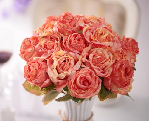 PONKING Rose Artificial Flower 28pcs Realistic Faux Silk Roses Fake Flowers Bouquets Arrangements Decor for Wedding Spring Mother's Day, Home Table Decorations, Orange Flower - color: A 28pcs Orange Rose