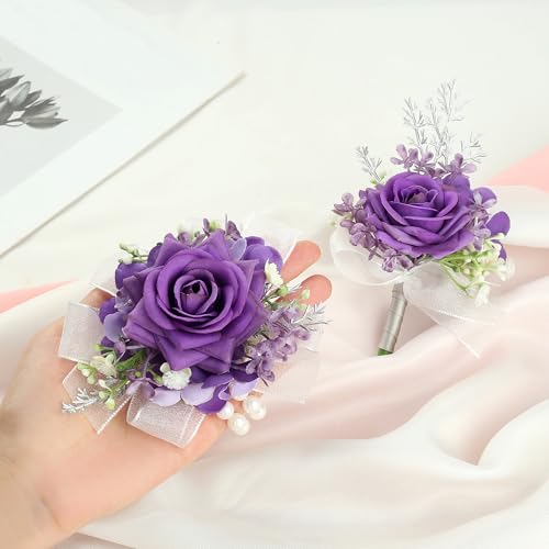 2pcs Purple Corsage Boutonniere for Prom Decor Silk Corsage Wristlet Boutonniere for Men Corsages Artificial Flowers for Wedding Party Suit Decor - color: Purple Corsage - Double-cain