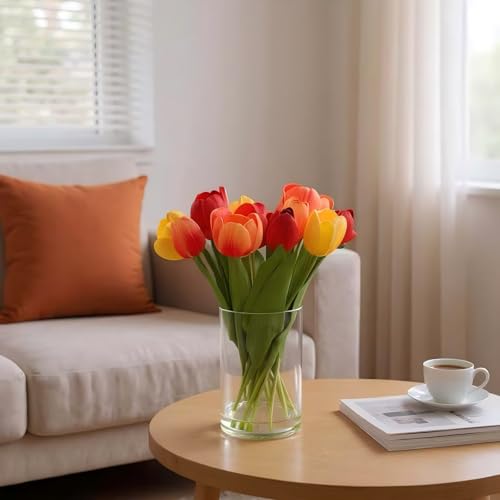 Realistic Fake Flowers Artificial Tulip Arrangement with Glass Vase, Adjustable Stems, for Home Living Room Table Office Wedding Decoration（Mixed Colors） - color: Mixed Colors