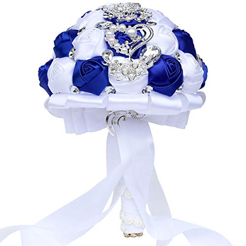 Wedding Bouquets Crystal Satin Rose Bride Bridal Bouquet Romantic Bridesmaid Holding Flower for Valentine's Day Confession Party Church Decor (Royal Blue White) - color: Royal Blue White
