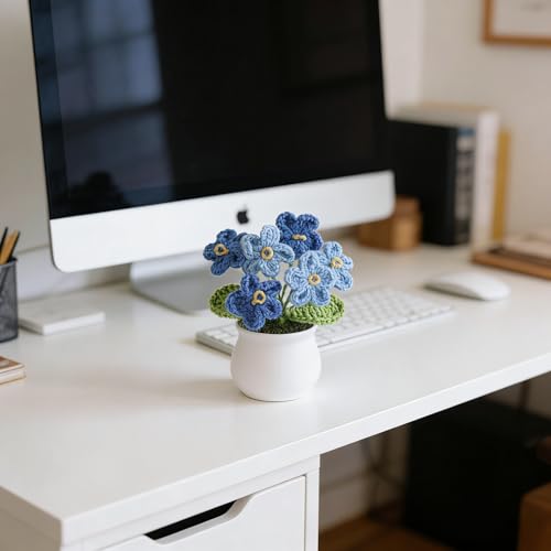 Handmade Forget Me Not Potted - Crochet Myosotis Flowers, Valentines Day Artificial Flower Gift for Women, Cute Crochet Flower Decor for Home Office Desk (DFM-GBLUE) - color: Dfm-gblue