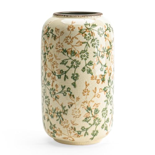Ceramic Vase for Flowers – Modern Small Ribbed Textured Flower Vase for Home Decor, Pampas Grass, Decorative, Farmhouse, Coffee Table, Kitchen Centerpieces, Bookshelf and Home Living (Ice Crack Beige) - color: Ice Crack Beige