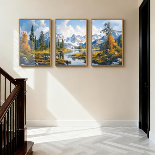 BINCUE Framed Mountain Landscape Wall Art Nature Forest Wall Decor Tree and River Art Print Nature Landscape Artwork Mountain Forest Wall Pictures for Living Room Bedroom Office Farmhouse 16x24 Inches Set of 3 Gift - color: Mountain Nature Landscape, size