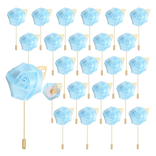 uxcell 24pcs Light Blue Rose Boutonnieres Flower Buttonholes Pocket Boutonnieres Pins for Wedding Ceremony Anniversary Prom Formal Dinner Party - color: Light Blue