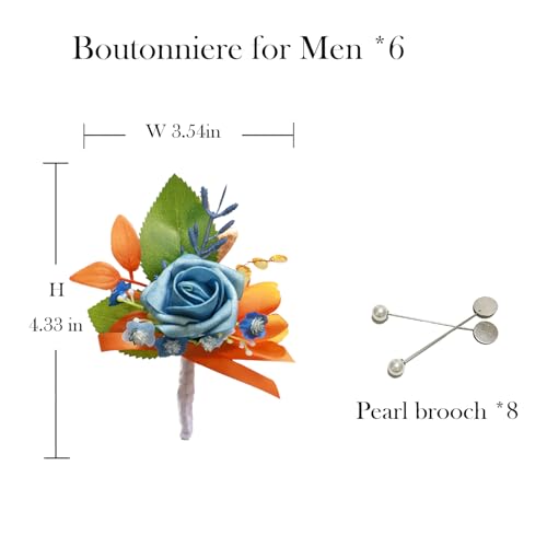 Marriwise 6pcs Rose Boutonniere for Men, Artificial Flowers Burnt Orange & Blue Wedding Groom Groomsmen Boutonniere for Wedding/Anniversary/Prom/Rustic Wedding/Homecoming (Burnt Orange & Blue) - color: Burnt Orange & Blue
