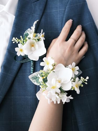 White Rose Wrist Corsage and Boutonniere Set with Ribbon Ties Wedding Prom Formal Accessories (White Style 2) - color: White Style 2