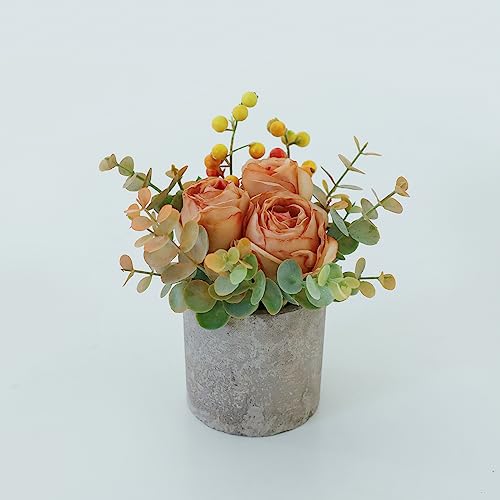 Small Artificial Burnt Orange Rose Potted Plant, 6" Fake Silk Flowers in 3" Cylindrical Pot, Mini Faux Floral Arrangement for Desk Shelf Bathroom Decor - color: Burnt Orange