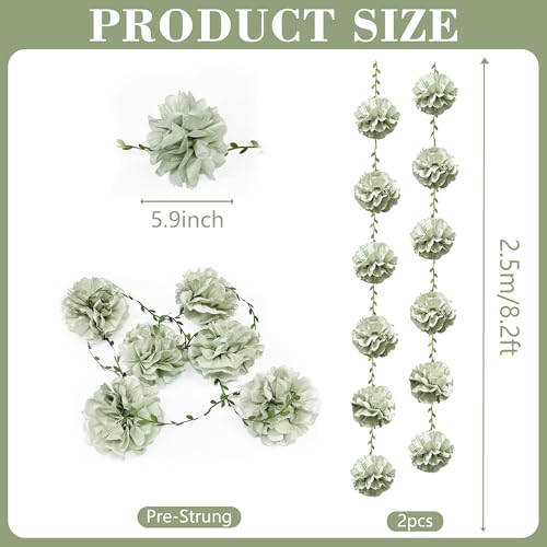 Sage Green Tissue Paper Flowers Pom Pom with Leaf Ribbon Dusty Green Hanging Garland Streamer for Birthday Baby Shower Wedding Engagement Woodland Safari Jungle Neutral Party Decorations Supplies - color: Dusty Green