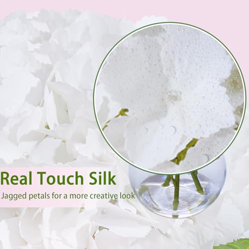 White Artificial Hydrangea Flowers in Glass Vase with Faux Water, 3 Stems Lifelike Fake Floral Arrangement, UV-Resistant Odorless Centerpieces for Dining Table Home Office Decor (7.9") - color: White