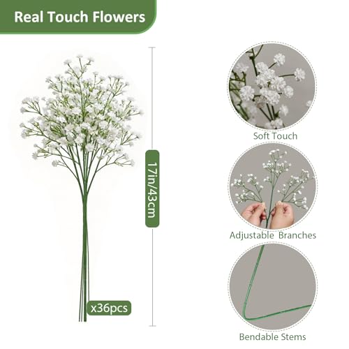 36 Pcs Babys Breath Artificial Flowers, Baby Breath Flowers Artificial Bulk Long Stem Fake Babies Breath Faux Gypsophila White Flowers Artificial for Decoration (No Eucalyptus Stems) - color: White, size: 36 Pcs
