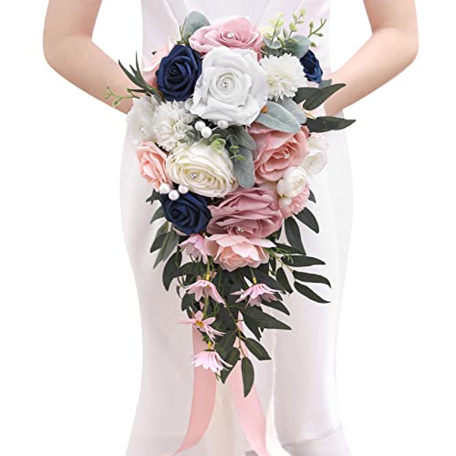 Serwalin 9.8 Inch Wedding Bouquets for Bride Bridesmaid, Pink Blue Rose Bridal Bouquets for Bride, Wedding Flowers Bouquet Tossing Bouquet, Wedding Ceremony and Anniversary Day Decor - color: Pink Blue