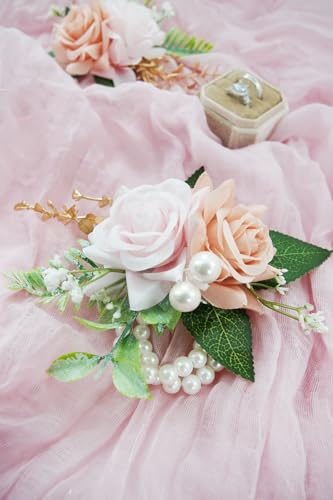 Dusty Pink Corsage and Boutonniere Set for Wedding Prom, Artificial Rose Flower Wrist Corsage Bracelets, Homecoming Corsage Wristlet, Boutonniere for Men Wedding Suit Decorations - color: Dusty Pink