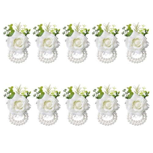 White Ivory Rose Wrist Corsage, Set of 10, Wedding Bridal Flower Corsage Hand Decor for Prom Party Homecoming, Wristband Flowers Bride, Bridesmaid, Girl - color: White Wrist Corsage-10pcs