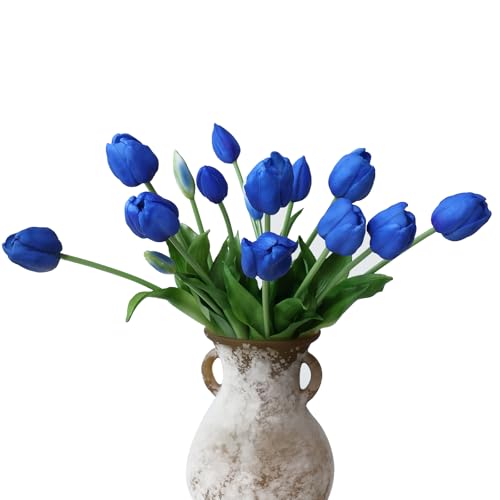 mizii 15Pcs Blue Tulips Artificial Flowers Latex Plastic Real Touch Fake Tulips Flowers Look Real Faux Tulip Flower Bouquet Decoration for Vase Room Table Centerpieces Home Decor (Royal Blue) - color: Royal Blue