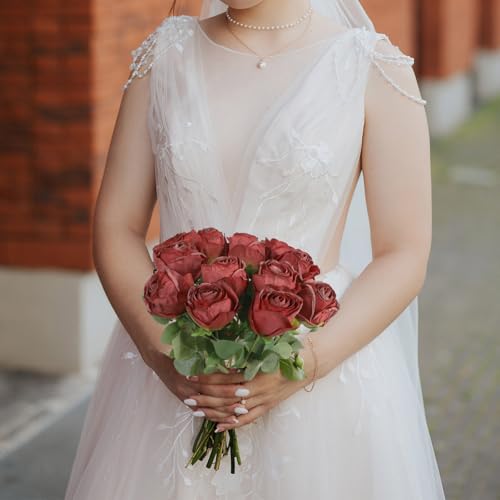 12Pcs Red Roses Artificial Flowers 20" Vintage Silk Fake Roses with Stem for Vases Realistic Faux Roses Bouquet for Wedding Table Centerpieces Home Decorations DIY Party Arrangements (Red) - color: Red
