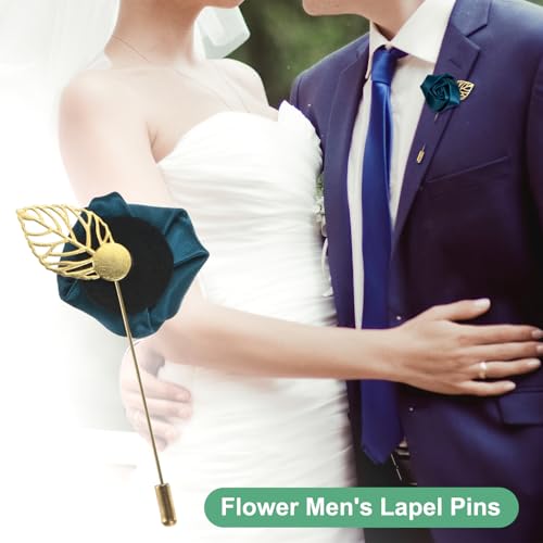 M METERXITY 1-Set Flower Lapel Pins for Men, Golden Leaf Rose Boutonnieres Pin for Wedding/Dance/Party, Mens Lapel Pins for Suits Satin Flower Corsage Hat Pins [Elegance Set] - color: Black, Cream White, Silver Grey, Indigo Blue