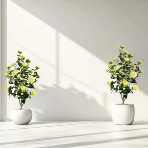Artificial Camellia Tree 3.4ft Fake Trees pseudophyte (2, Yellow)