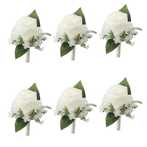 6Pcs Ivory White Rose Boutonniere for Men Wedding, Dance Party | Groomsmen Groom and Best Man Boutonniere for Wedding, Rose Boutonniere for Men Prom Homecoming Anniversary Party - color: White Boutonniere 6pcs