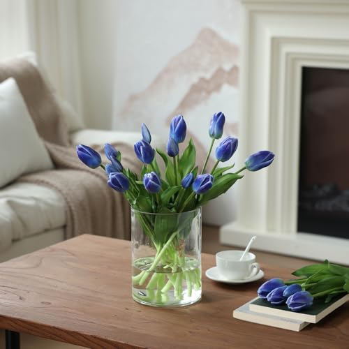 mizii 15Pcs Blue Tulips Artificial Flowers Latex Plastic Real Touch Fake Tulips Flowers Look Real Faux Tulip Flower Bouquet Decoration for Vase Room Table Centerpieces Home Decor (Blue) - color: Blue