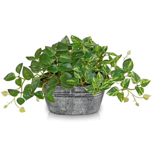 Artificial Plants Indoor 5.9" Faux Plant in Metal Pot, Small Fake Potted Plants with 2 Mixed Leaves Greenery Silk Plant for Living Room Desk Office Table Kitchen Farmhouse Shelf Home Vintage Decor - color: Green, size: 6'' Metal Pot