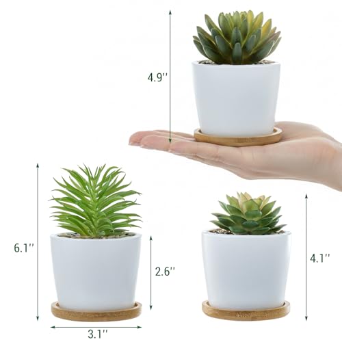 MyGift Assorted Artificial Succulent Plants - Decorative Fake Desert Plants with Pebble Fillers in White Ceramic Pots with Bamboo Saucers, Set of 3