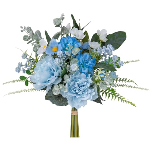 WELL KNOWN Artificial Flower Bouquet, Spring Blue Fake Flowers for Vase, Silk Faux Flowers DIY Table Centerpieces for Wedding, Dining Room, Graduation, Babyshower, Farmhouse Decor & Gift (Blue) - color: Spring Blue