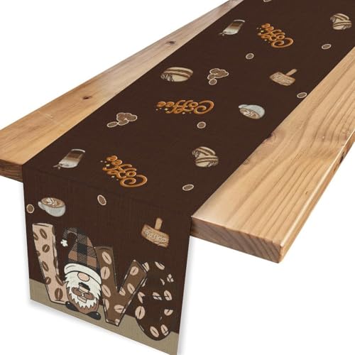 Coffee Theme Table Runner, Rustic Brown Gnome Coffee Theme Bean Cafe Cup Tea Drinks Table Center Decor for Family Outdoor Holiday Party Table Decorations, 13"x36" - color: Coffee-3, size: 13“ X 36"